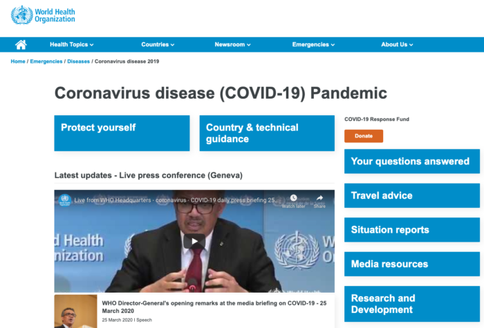World Health Organization screenshot about coronavirus pandemic